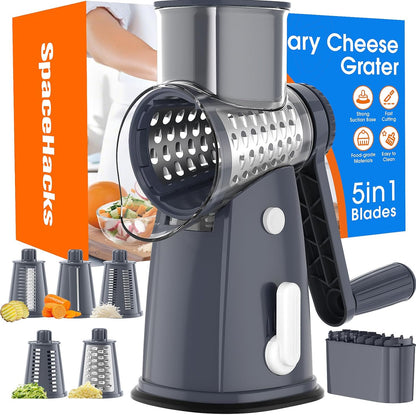 Rotary Cheese Grater Hand Crank with 5 Interchangeable Blades, Vegetable Slicer Chopper for Fruit Vegetable Nuts, Mandoline Slicer for Kitchen with Blades Rack & Suction Base, White
