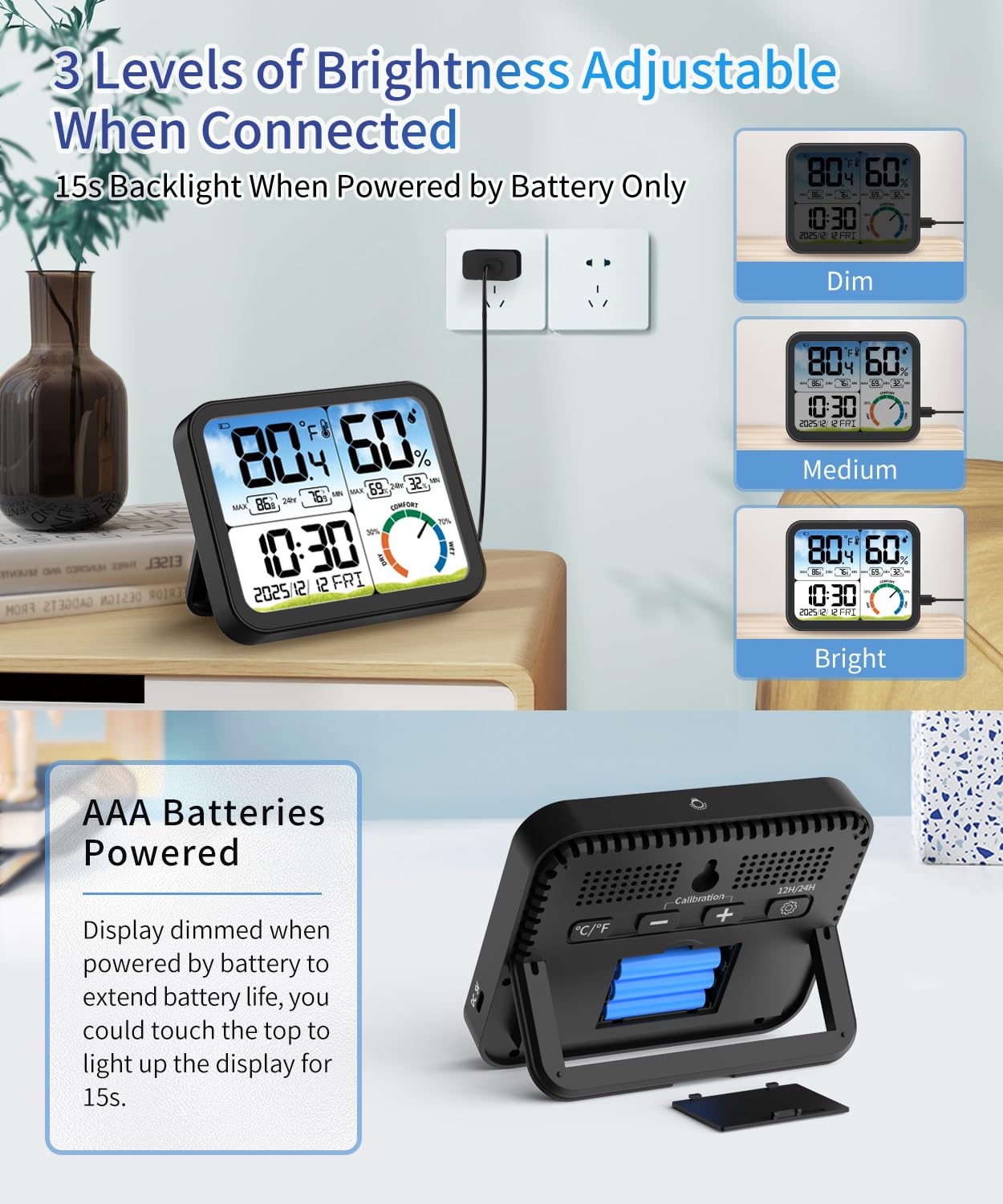 5.8'' Digital Indoor Thermometer Hygrometer, Temp Humidity Monitor & Clock | USB-C & Battery Powered, Large Backlit Display, Calibratable Readings, Max & Min Records, Comfort Level, Date & Time Display