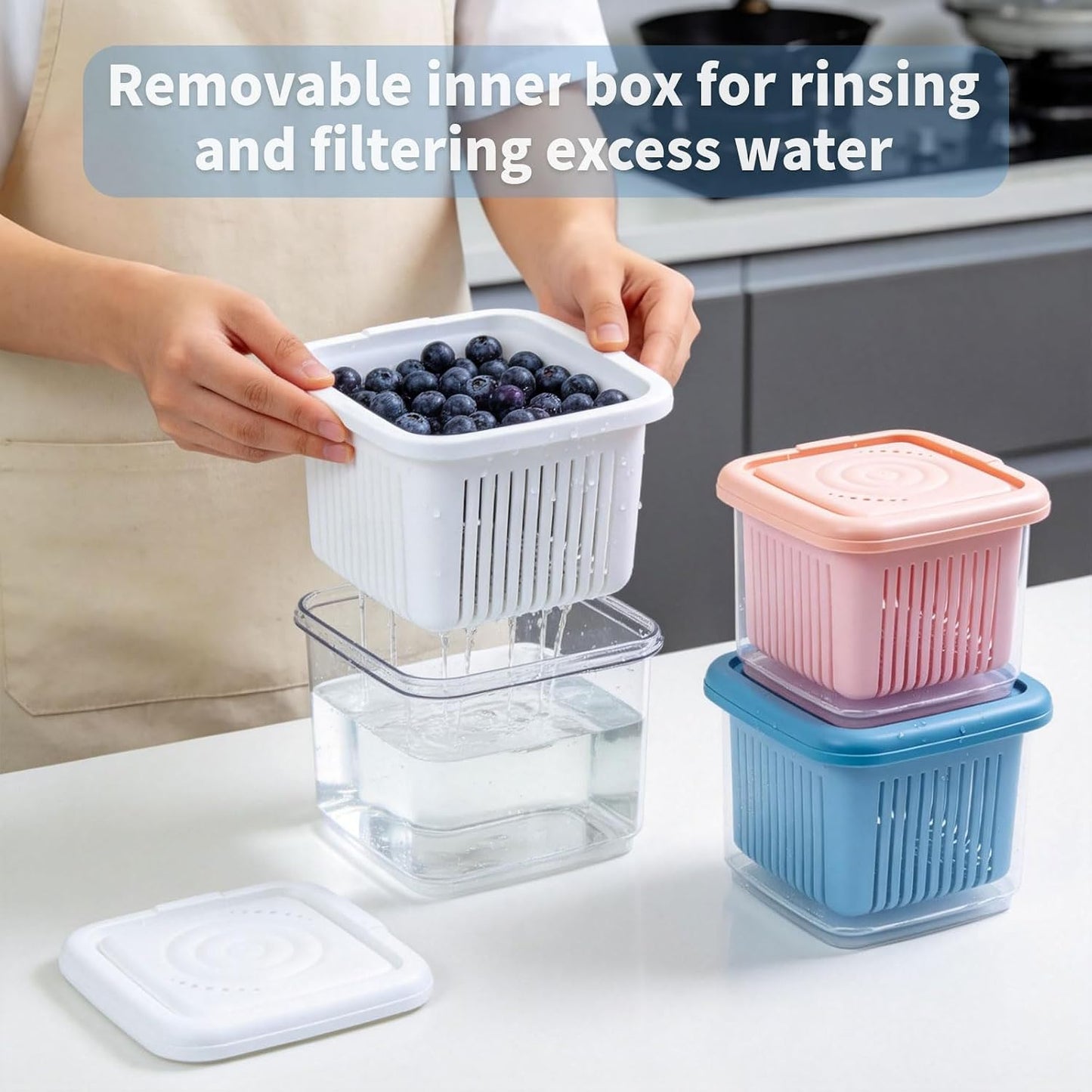 Fruit Storage Containers for Fridge with Removable Colander, Airtight Food Storage Container, Dishwasher Safe Produce Saver for Refrigerator, Keep Berry Fruit Fresh Longer 3 pcs Small Clear