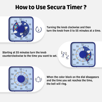 Secura 60-Minute Visual Countdown Timer, 7.5-Inch Oversize Classroom Visual Timer for Kids and Adults, Durable Mechanical Kitchen Timer Clock with Magnetic Backing (Dark Blue)