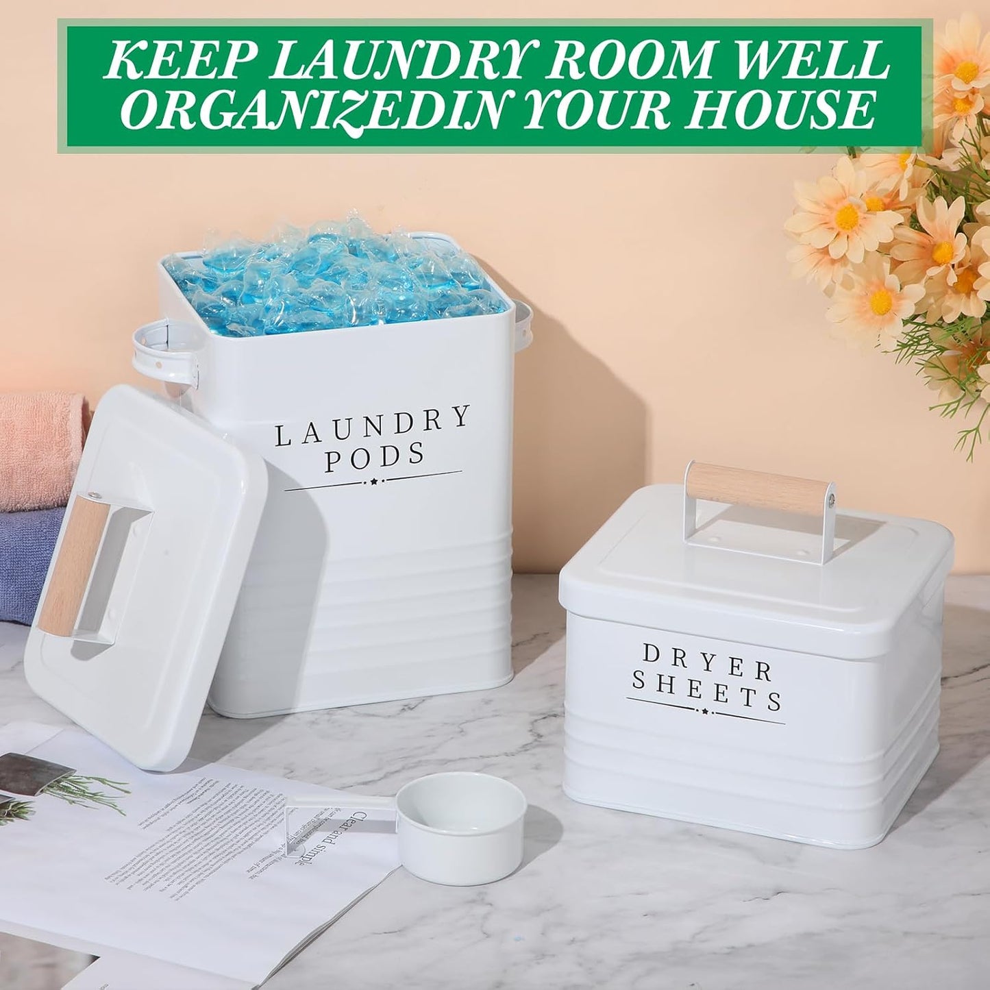 Yaocom 2 Pcs Laundry Pod Container with Dryer Sheet Holder Farmhouse Laundry Room Decor Organization and Storage Detergent Container Box with Lid Handle Metal Dryer Sheet Dispenser(Black)