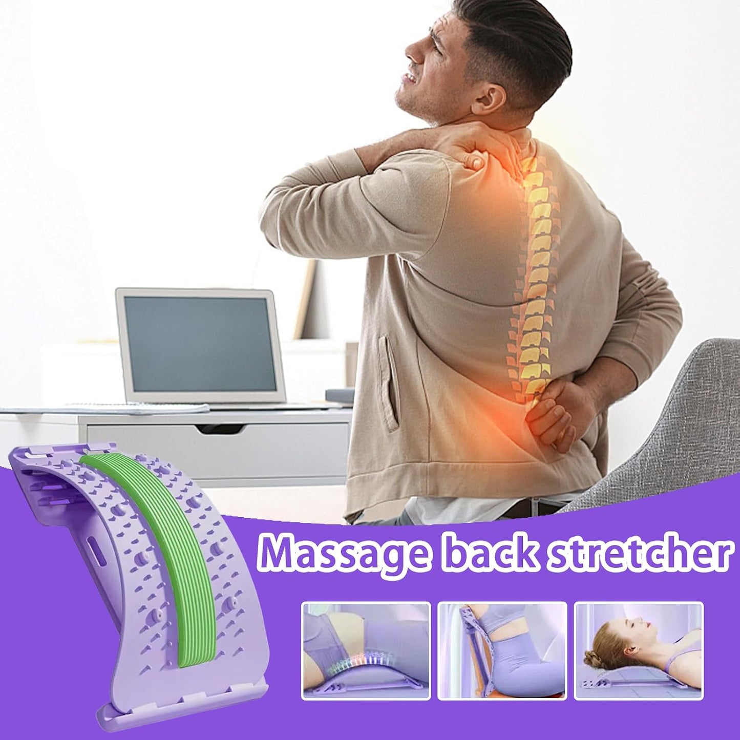 Lower Back Stretcher 3-Level Adjustable Lumbar Spine Massager Corrector | Back Board Stretcher Muscle Release Fitness Body Recovery for Men Athlete Sleeping Exercise Yoga Workout Home