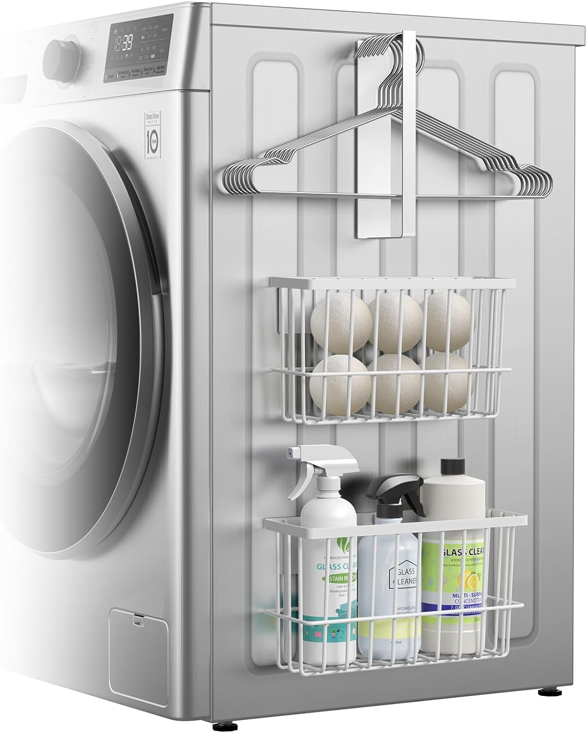 Laundry Room Organization and Storage Magnetic Dryer Ball Holder with Magnetic Hanger Holder, Magnetic Lint Bin for Washer Dryer, Iron Basket Dryer Ball Container, Magnetic Laundry Organizer (Black)