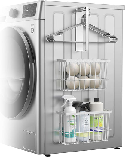 Laundry Room Organization and Storage Magnetic Dryer Ball Holder with Magnetic Hanger Holder, Magnetic Lint Bin for Washer Dryer, Iron Basket Dryer Ball Container, Magnetic Laundry Organizer (Black)