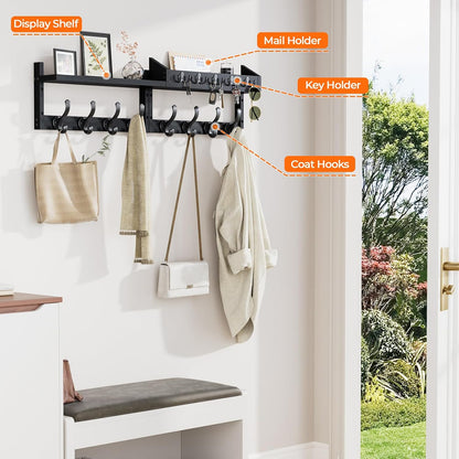 Evermagin 29" Coat Rack Wall Mount with Shelf & 11 Hooks, Entryway, Black | Wooden Wall Mounted Coat and Key Rack with Hooks, Key Hanger with Mail Holder for Living Room, Mudroom, Bedroom