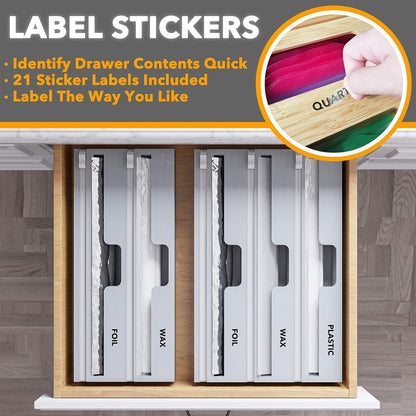 SpaceAid WrapNeat 2 in 1 Wrap Organizer with Cutter and Labels, Plastic Wrap, Aluminum Foil and Wax Bamboo Dispenser for Kitchen Storage Organization Holder for 12" Roll (Natural)