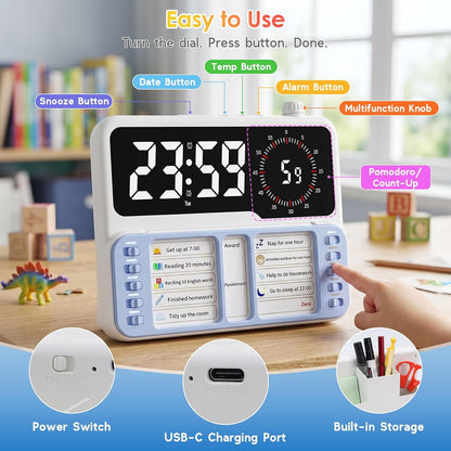 7-in-1 Visual ADHD Timer for Kids with Chore Chart Board, ADHD Tools Schedule for Kids with Autism, Alarm, Countdown, Date, Temperature, Storage, Daily Checklist for Home/School/Classroom/Desk(Pink)