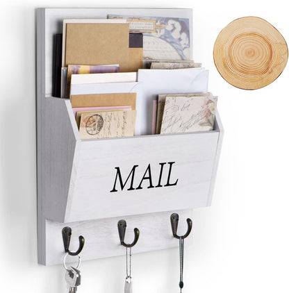DLQuarts Solid Wood Mail Organizer with Key Holder for Wall, Mail Sorter Wall Mounted, Decorative Wooden Key and Mail Holder with 3 Hooks, White