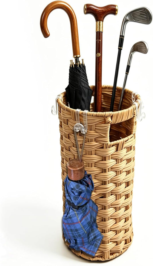 Rattan Umbrella Stand with Drip Tray - Hand Woven Entryway Umbrella Holder | Freestanding Small Rattan Rack Organizer with 4 Hooks for Folding Umbrellas & Canes, 7.5"L x 7.5"W x 16.5"H