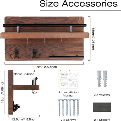OurWarm Wall Mounted Key Holder/Hangers for Wall Decorative with 5 Key Hooks, Wooden Mail Rack Organizer with Shelf, Rustic Home Decor for Entryway Mudroom Hallway Office, Brown