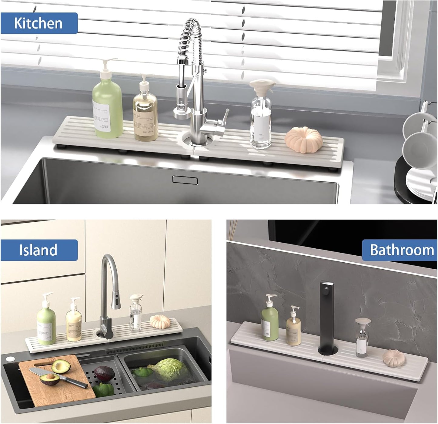 Faucet Mat for Kitchen Sink, Water Absorbent Kitchen Faucet Mat, Durable Sink Splash Guard with Raised Feet, Diatomite Fast Drying Kitchen Sink Faucet Mat, Bathroom Stone Drying Tray for Counter