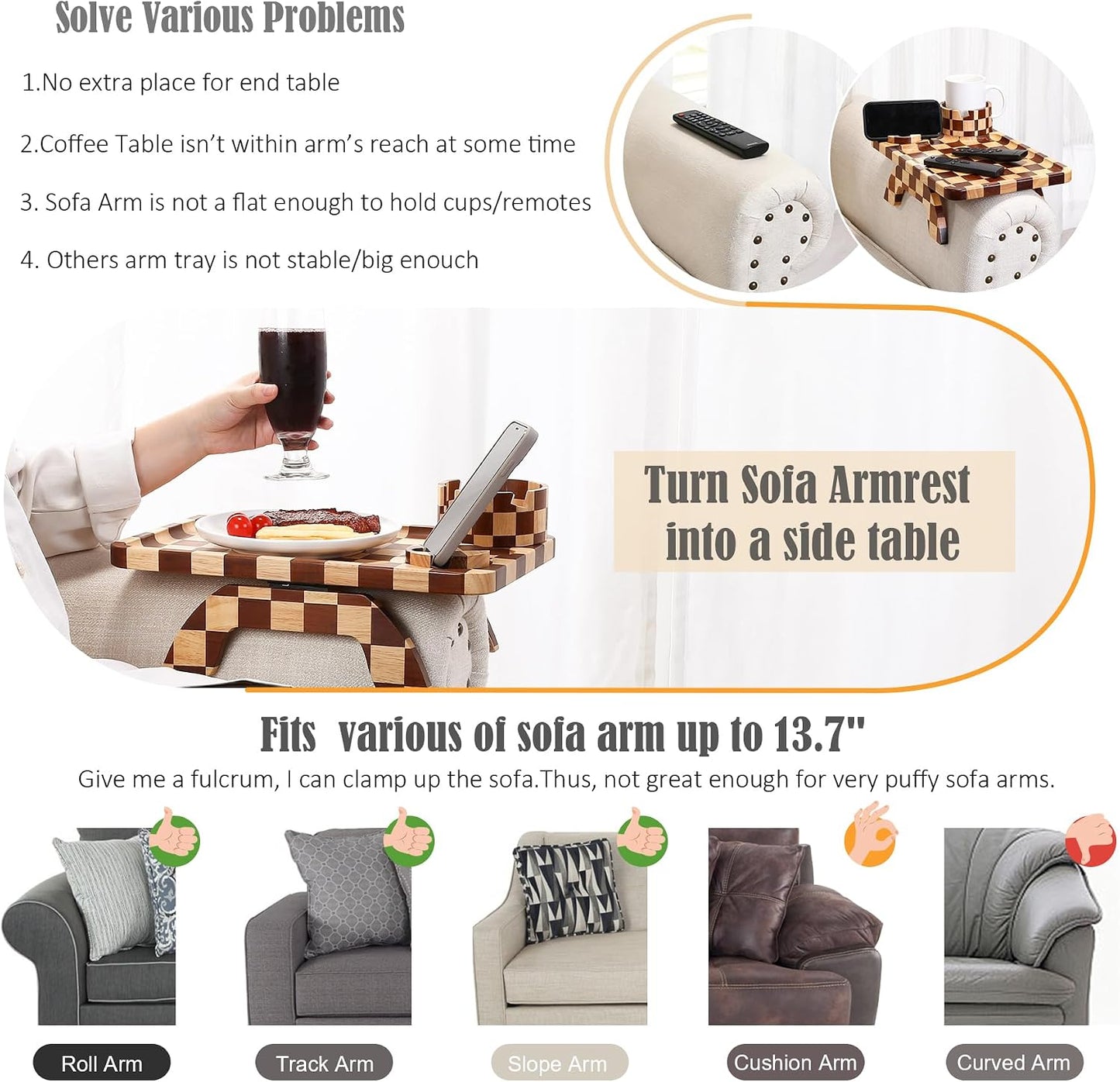 Nnewvante Couch Cup Holder Tray, 3 in 1 Large 15.36"x9.85" Acacia Wood Sofa Arm Clip on Tray Table with 360°Rotated Phone Holder on Armrest