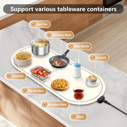seenlast Warming Mat for Food with Adjustable Temperature Timer,10S Fast Heating Silicone Food Warmers for Parties Buffet and Home Daily,Food Warming Mat with Insulating Pad Raised Feet Protects Table