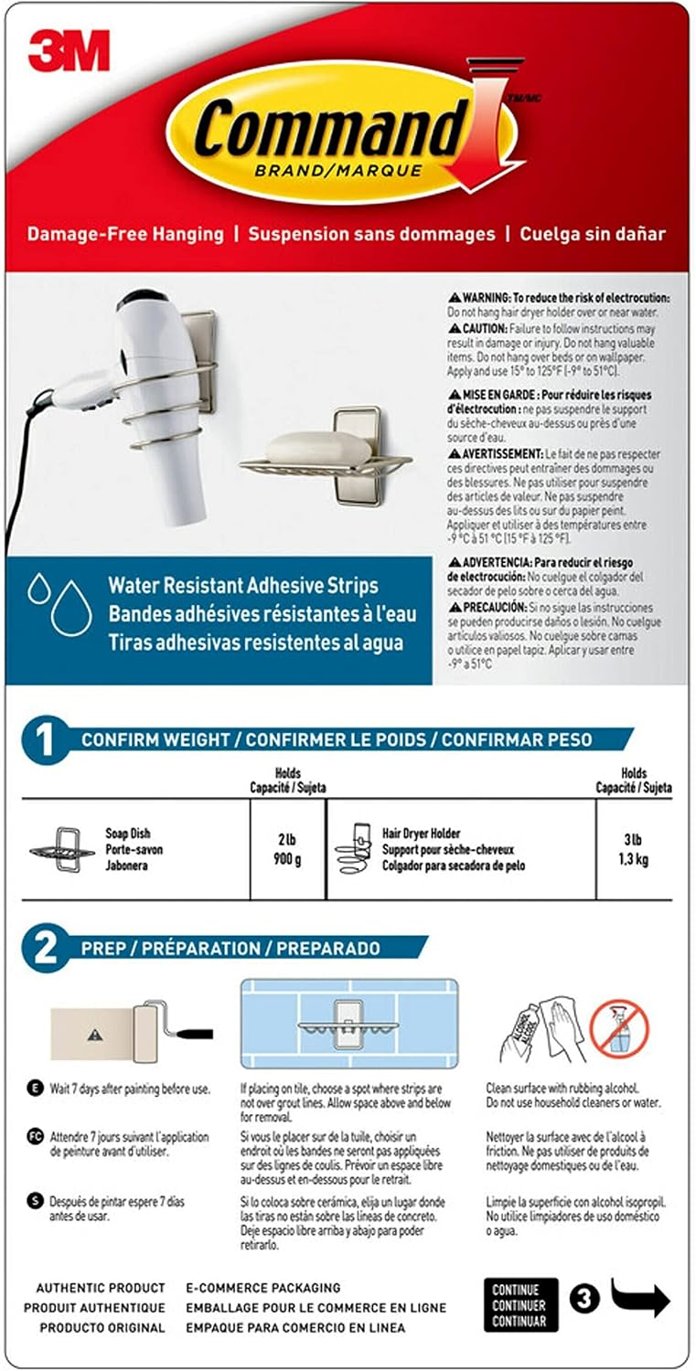 Command Hair Dryer Holder, Satin Nickel, 1 Dryer Holder, 2 Water Resistant Strips, Damage-Free Bathroom Organization and Decor | Water Resistant, Damage-Free Hanging with Adhesive Strip, No Tools