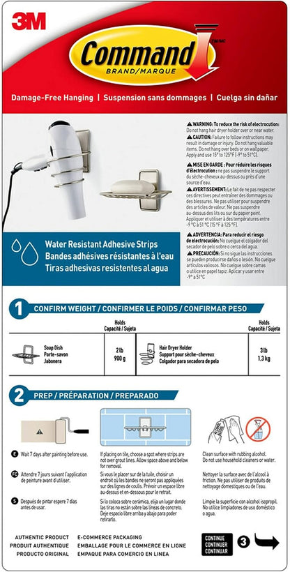 Command Hair Dryer Holder, Satin Nickel, 1 Dryer Holder, 2 Water Resistant Strips, Damage-Free Bathroom Organization and Decor | Water Resistant, Damage-Free Hanging with Adhesive Strip, No Tools