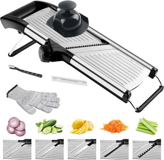 Mandoline Slicer for Kitchen, Adjustable Vegetable Slicer | Adjustable stainless steel blade slices potato, onion and tomato evenly; food holder and gloves help make kitchen prep safer.