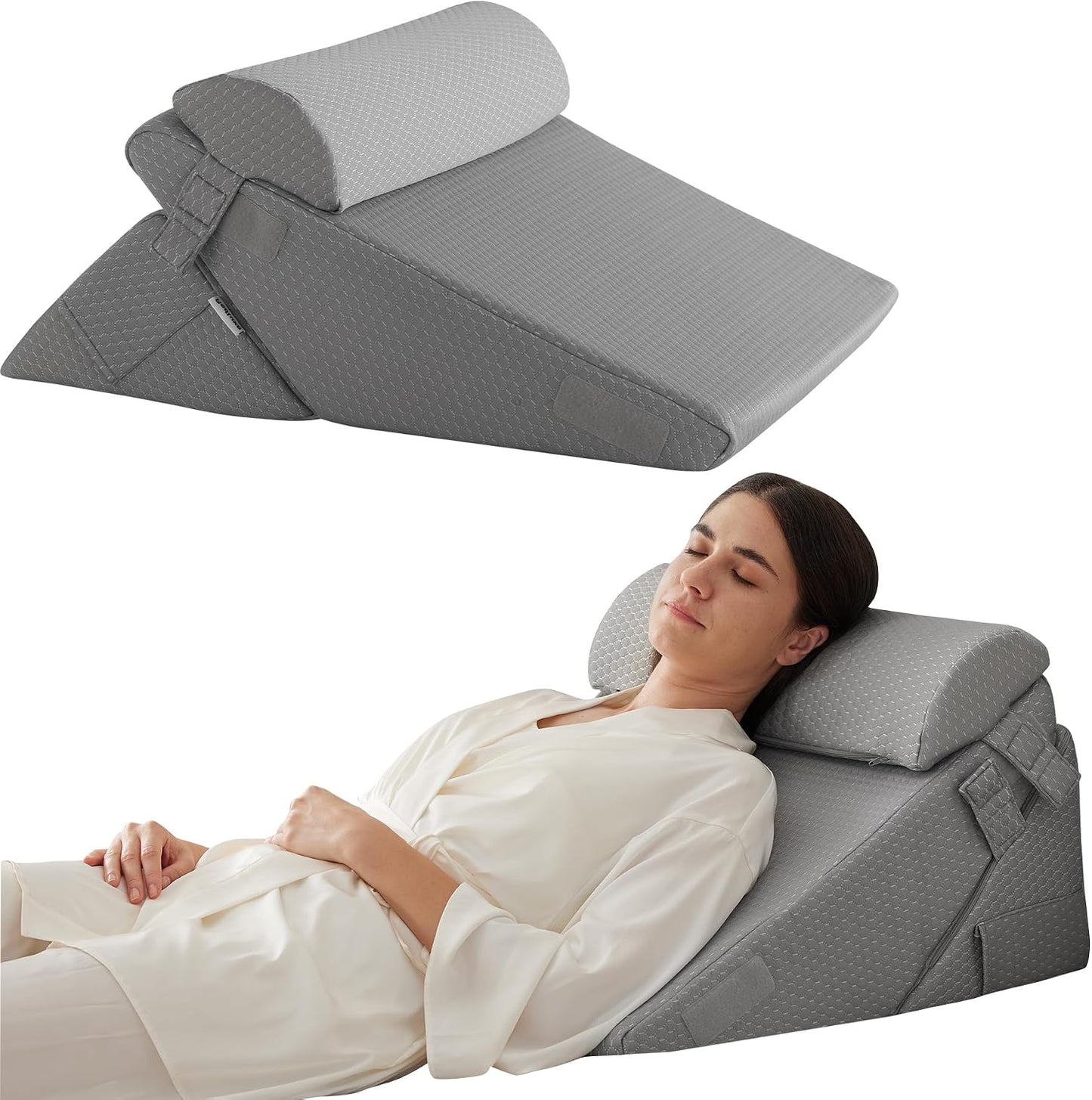 Bedluxe Wedge Pillow Headboard, 3PCS Orthopedic Bed Wedge Pillows Set for After Surgery, Adjustable Pillow Wedge for Acid Reflux&Back Pain Relief, Sleeping, Back Pillow for Bed Sitting Up, White/Grey