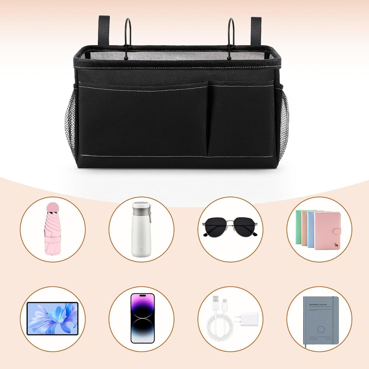 Fab totes Bedside Caddy for Dorm Bed, Bedside Storage Bag Hanging Organizer