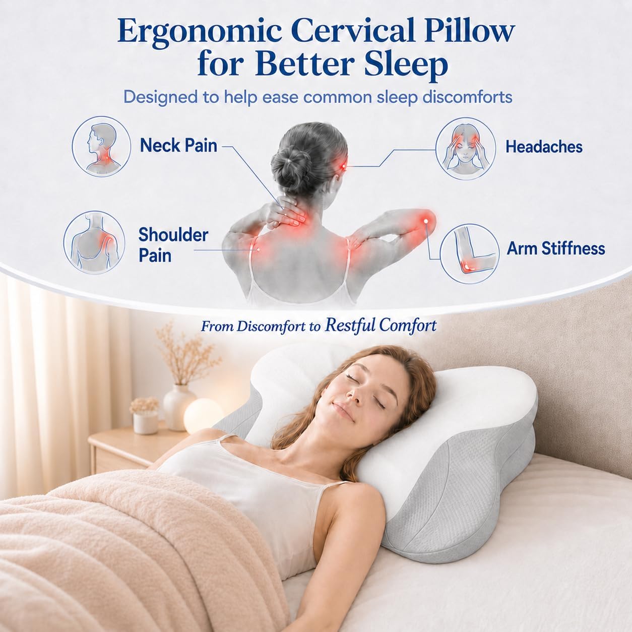 Pain Relief Cervical Neck Pillow for Sleeping, Ergonomic Pillow Cozy Sleeping, Odorless Memory Foam Pillow for Side Back Stomach Sleepers