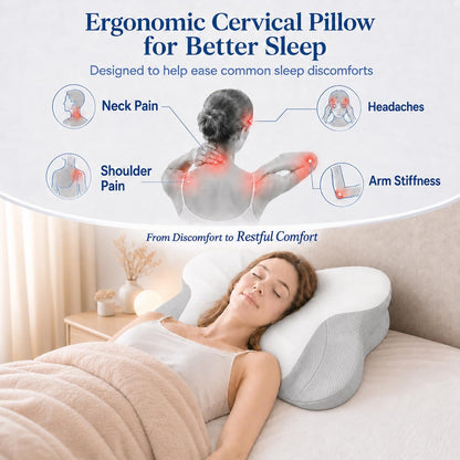 Pain Relief Cervical Neck Pillow for Sleeping, Ergonomic Pillow Cozy Sleeping, Odorless Memory Foam Pillow for Side Back Stomach Sleepers
