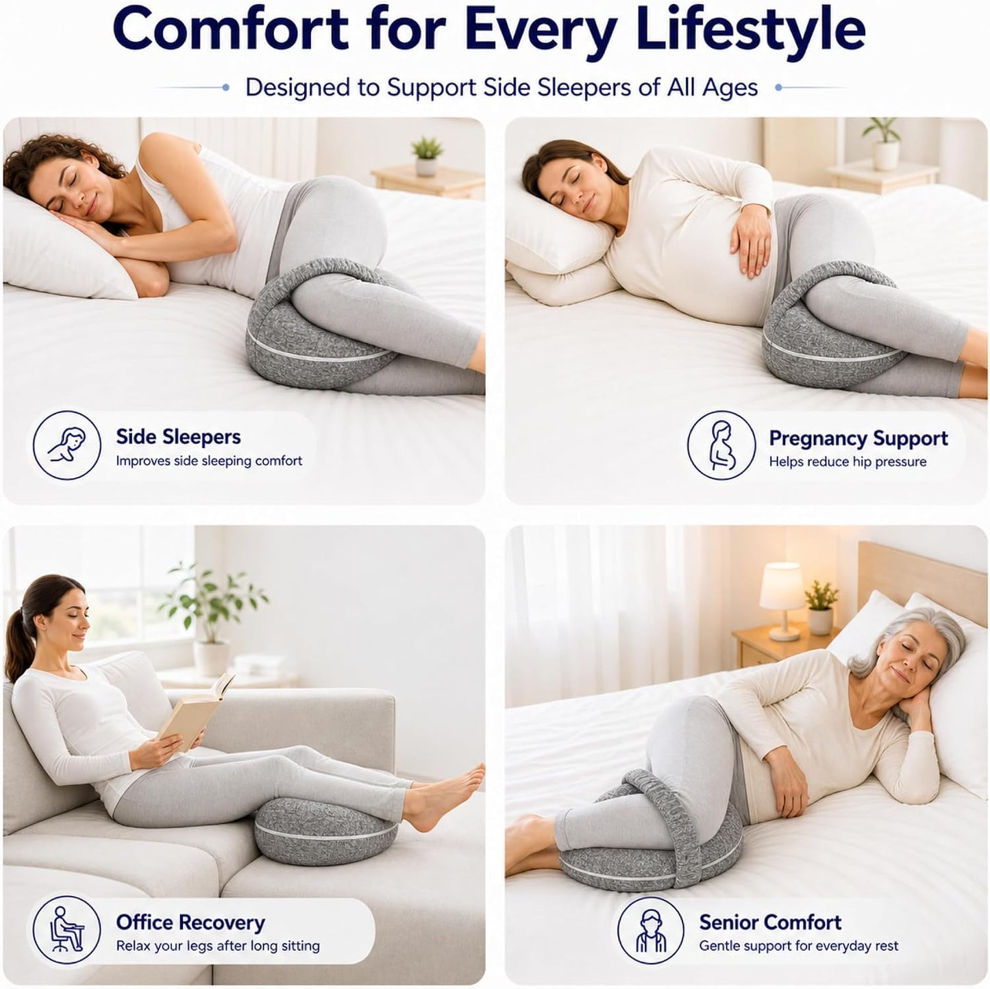 Alignment Pillow for Side Sleepers, Memory Foam Knee Pillow with Adjustable Strap, High-Density Leg Support for Hip, Back & Knee Pain Relief, Durable Side Sleeping Cushion (Navy Blue with White Dots)
