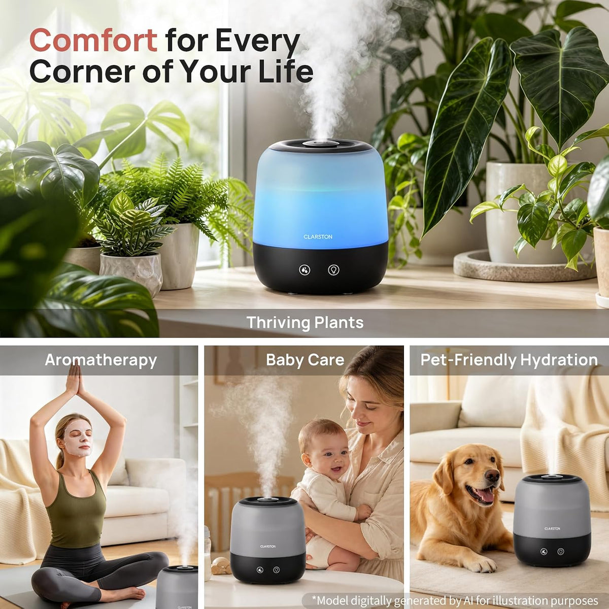 Clarston Humidifiers for Bedroom, 2L Cool Mist Humidifier, 24dB Quiet Sleep