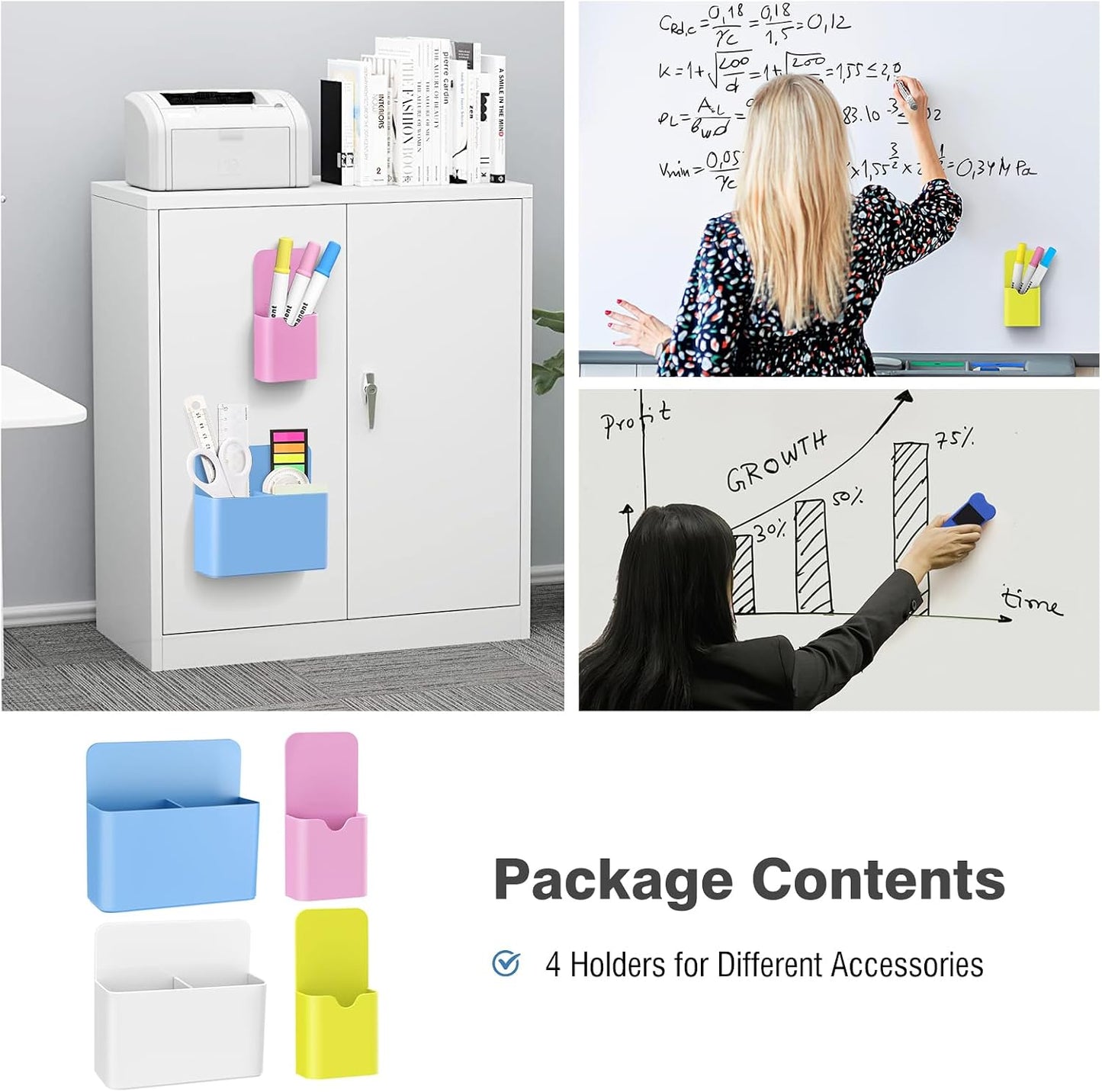 MoKo Magnetic Pen Holder, Pencil Accessories Whiteboard Organizer, White | Magnetic dry erase marker holder has two compartments and an ABS body for whiteboards, refrigerators and lockers.