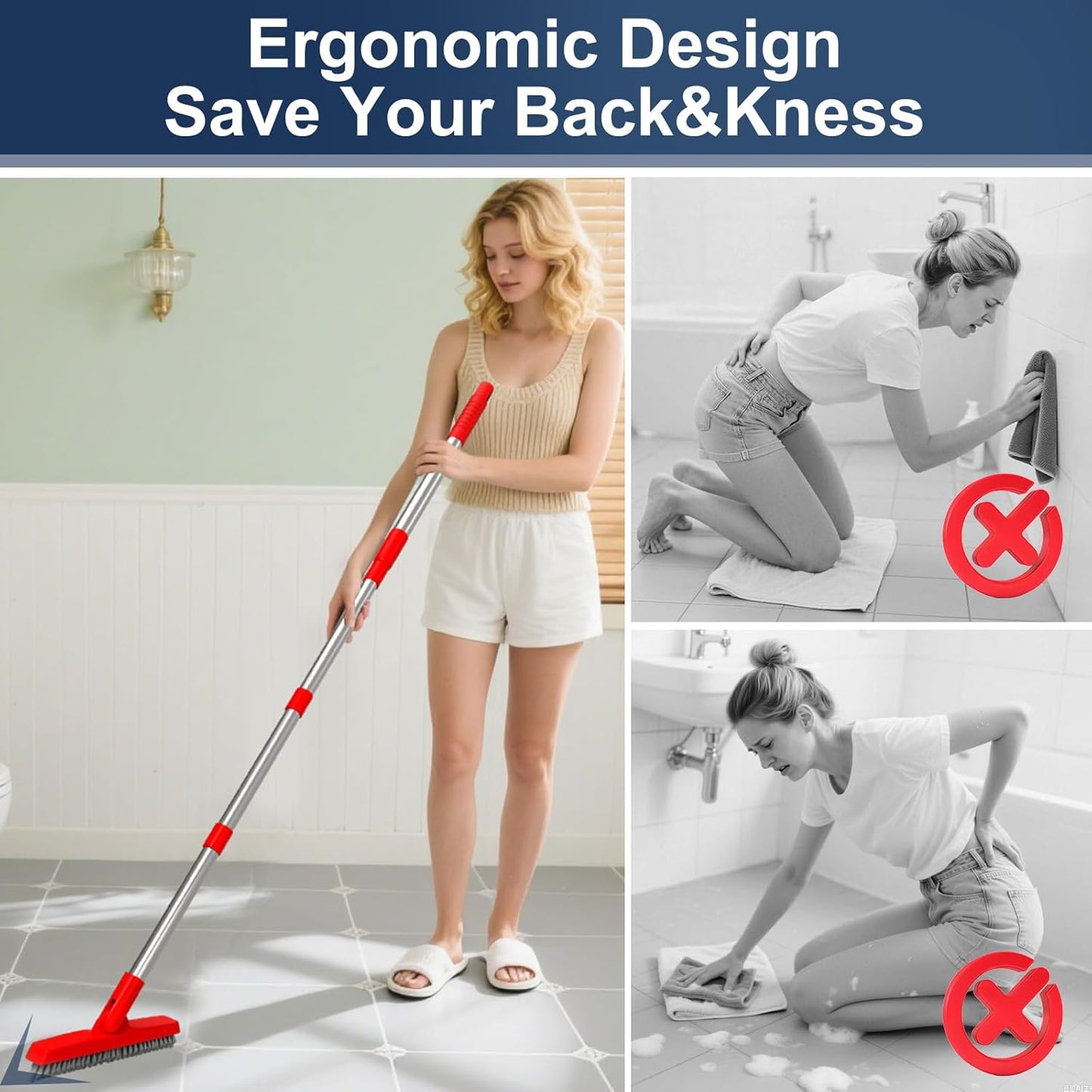 2 Pack Grout Brush with Long Handle, 56.5'' Swivel Grout Cleaning Brush,V-Shape Grout Scrub Brush, Extendable Handle Grout Cleaner Brush for Tile Floors，Bathroom,Baseboard,Shower,Corner