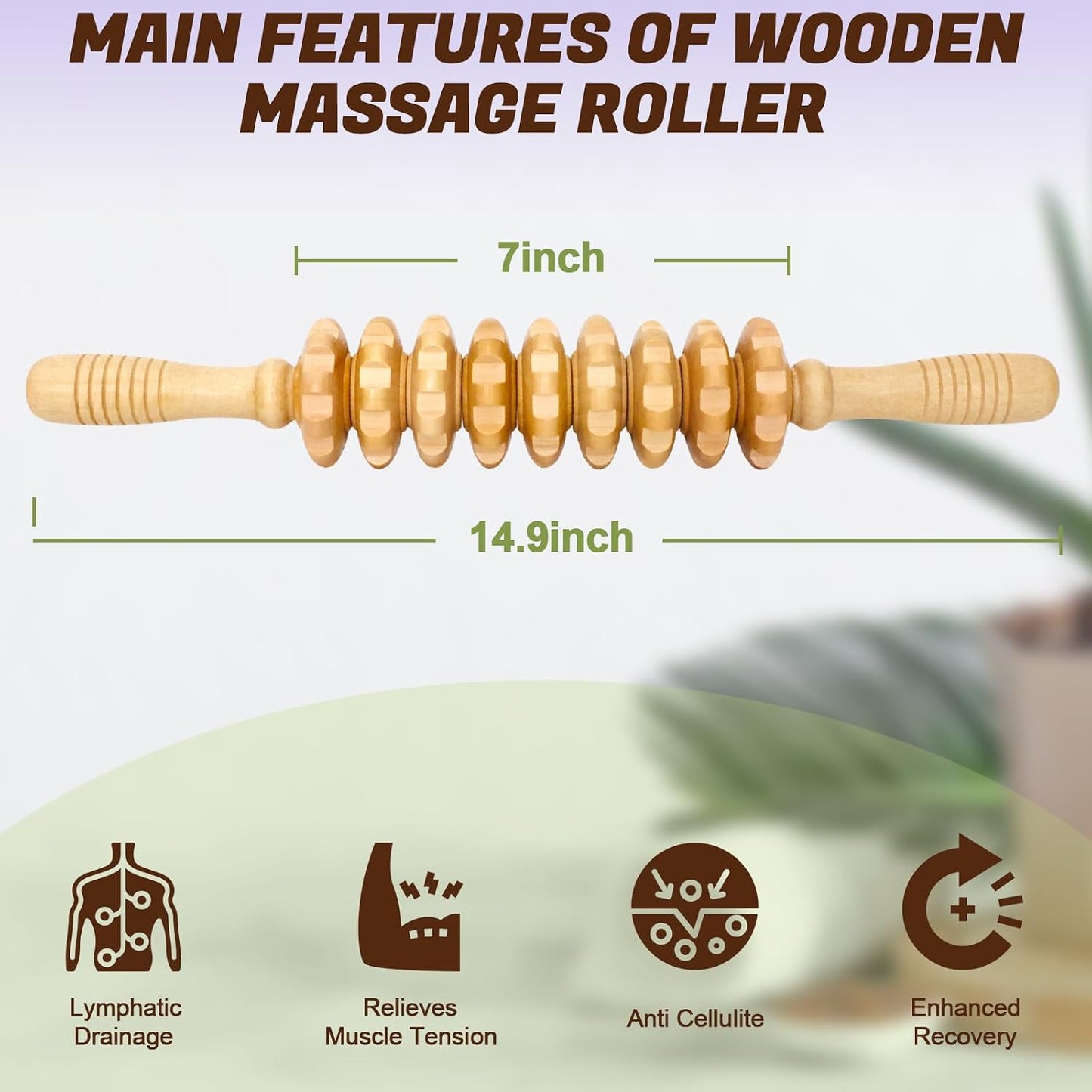 Wooden Fascia Massage Roller – Handheld Myofascial Release Massage Stick | Trigger-Point Knobs for Deep Tissue, Cellulite, Muscle Recovery & Circulation, and Lymphatic Drainage Massager