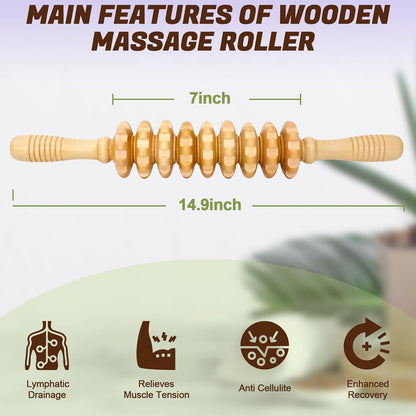 Wooden Fascia Massage Roller – Handheld Myofascial Release Massage Stick | Trigger-Point Knobs for Deep Tissue, Cellulite, Muscle Recovery & Circulation, and Lymphatic Drainage Massager