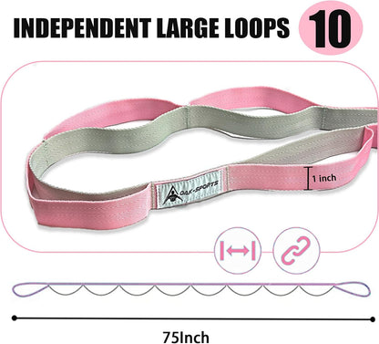 Stretching Strap Yoga Strap with Loops for Physical Therapy, Non-Elastic | 10 Loops, 75 inches length, Multi-Color Selection for Yoga Strap for Stretching, Pilates, Dance and Gymnastics