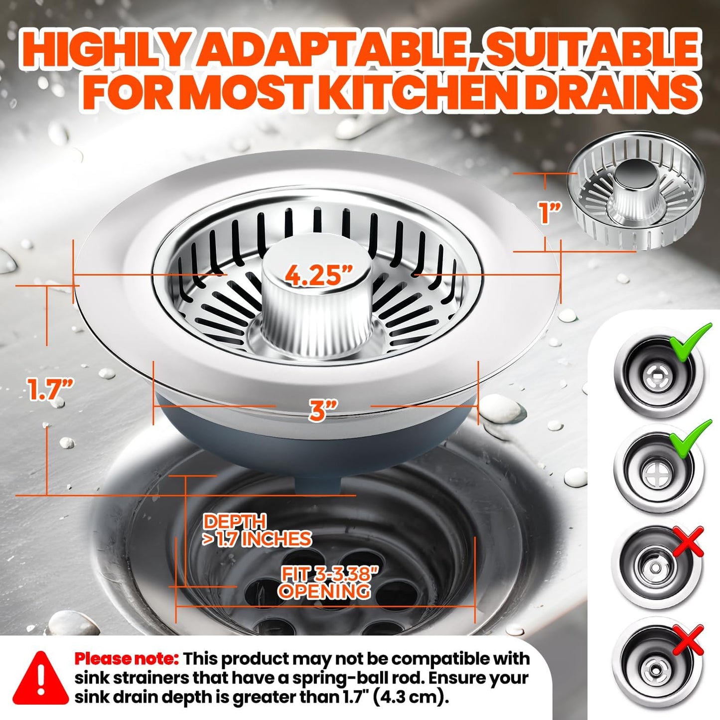 3 in 1 Kitchen Sink Drain Strainer Stopper Basket Pop Up Silver | Kitchen Sink Accessories Strainer Basket 2 Pack Silver,Stainless Steel Anti-Clog Catcher, Odor-Blocking Seal Fits 3.5" Drain