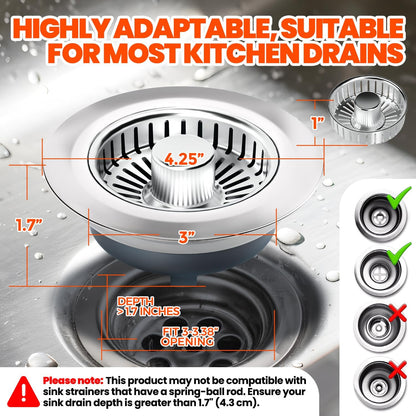3 in 1 Kitchen Sink Drain Strainer Stopper Basket Pop Up Silver | Kitchen Sink Accessories Strainer Basket 2 Pack Silver,Stainless Steel Anti-Clog Catcher, Odor-Blocking Seal Fits 3.5" Drain