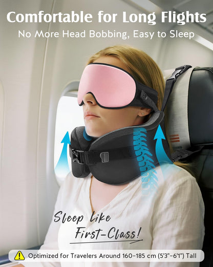 YFONG Travel Pillow with Head Support & Sleep Mask for Long Flights, Black | Patented 360° Support System, Prevents Bobbing, Airplane Head Strap, 3D Eye Mask, Memory Foam Neck Pillow, Travel Essential