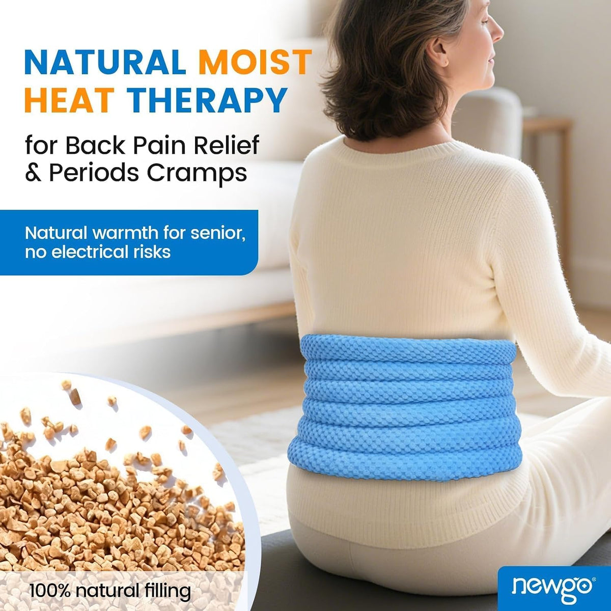 NEWGO Microwavable Heating Pad for Back Pain Relief, Moist Heat Therapy Back Wrap for Waist, Lower Lumbar, Stomach and Shoulder, Warm Compress Pack for Muscle Spasms Sore, Slipped Discs