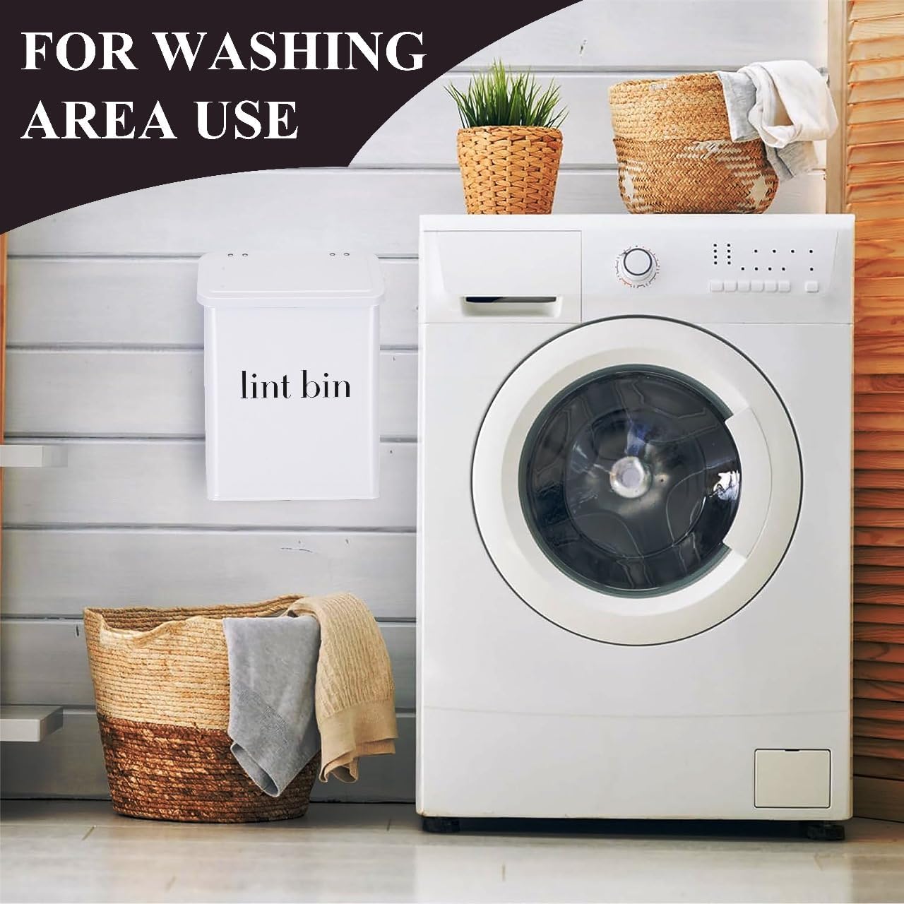 Magnetic Lint Bin with Lint Brush, two white hooks, one black back hook & all accessories for Laundry Room decor, Wall-Mounted Lint Bin with Lid, Powder Coated, Space-Saving Trash Can (Black)