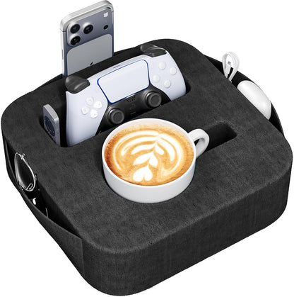 Couch Cup Holder Pillow, Sofa and Bed Caddy for iPad, Kindle, Switch, Game Controller, Remotes, Phones, Small-Sized Cup & Drink Holder for Couch, Bed, Desk, Car, Beach, Bathroom Cup Holder