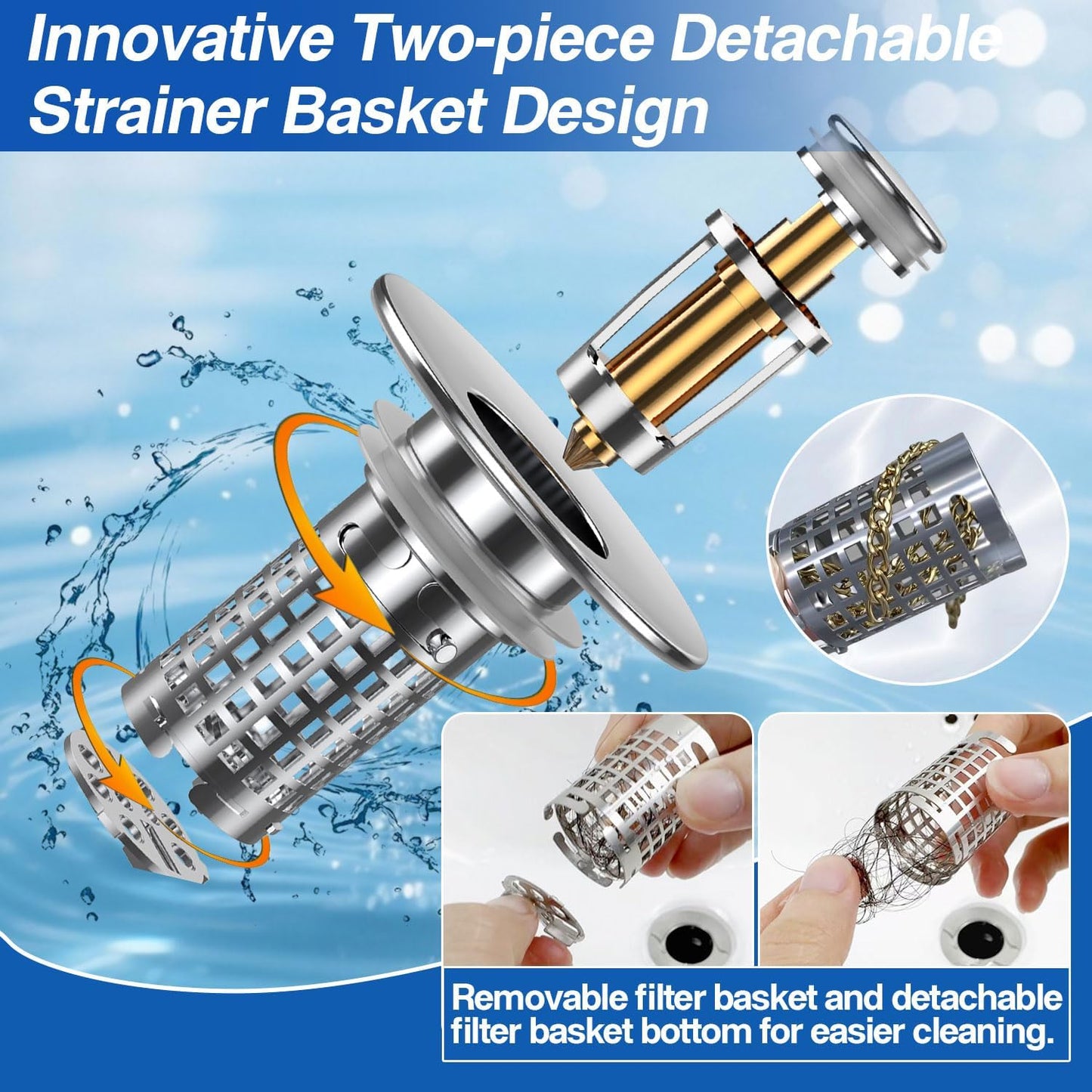 Bathroom Sink Drain Strainer, Pop-up Sink Drain Strainer with Removable Stainless Steel Strainer Basket Hair Catcher, Bathroom Sink Strainer for Bathroom Sink Stopper Replacement(1PCS)