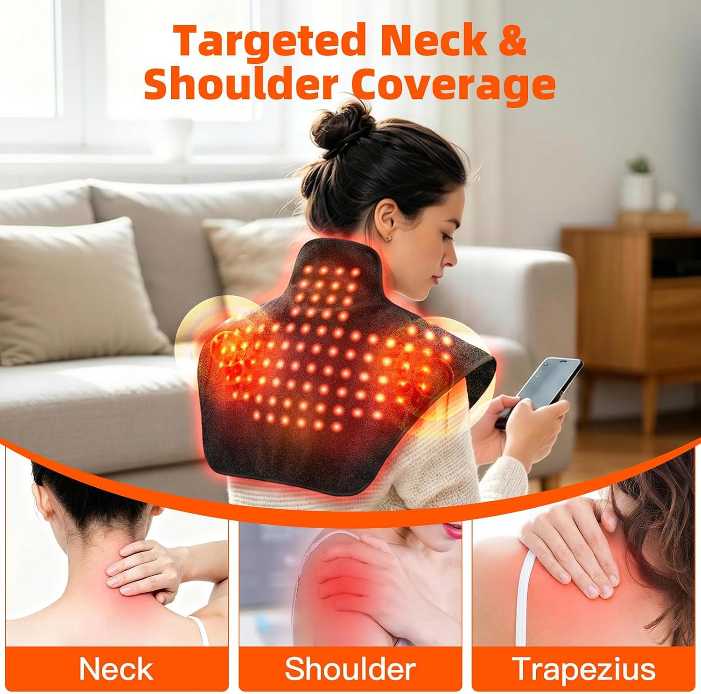 Red Light Therapy Neck Shoulder Wrap, 108 LEDs Cordless Heating Pad | Lightweight wearable fabric, for neck shoulder upper back, 660nm 850nm near infrared light therapy, heat massage relaxation