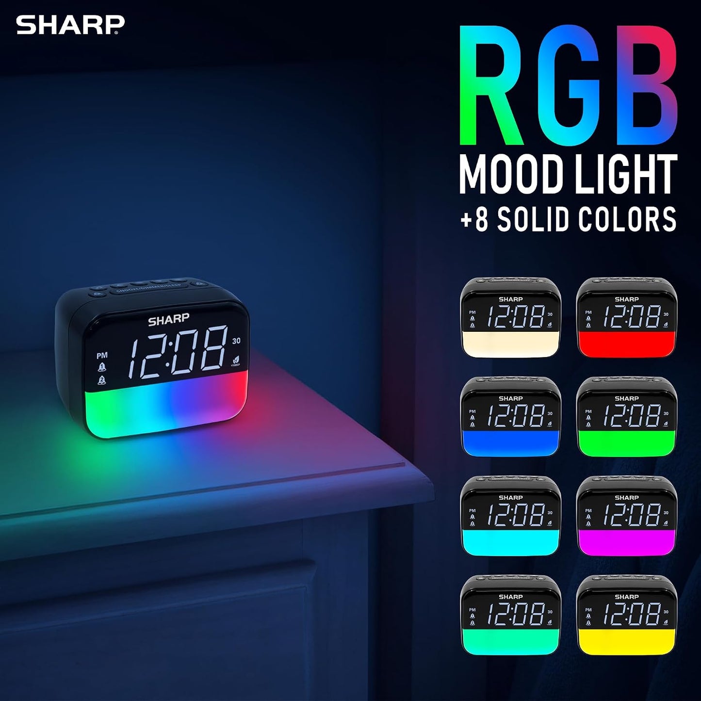 Sharp RGB Alarm Clock with Bluetooth Speaker, Sleep Sounds, Night Light | 9 color modes, 2 wake times, 15-60 min timer, 4-step dimmer, white LED display, bedroom, dorm, office, kids room, bedside use