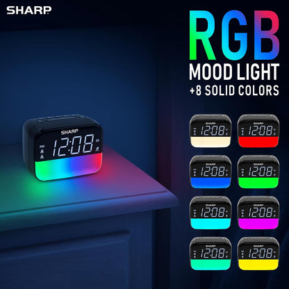 Sharp RGB Alarm Clock with Bluetooth Speaker, Sleep Sounds, Night Light | 9 color modes, 2 wake times, 15-60 min timer, 4-step dimmer, white LED display, bedroom, dorm, office, kids room, bedside use