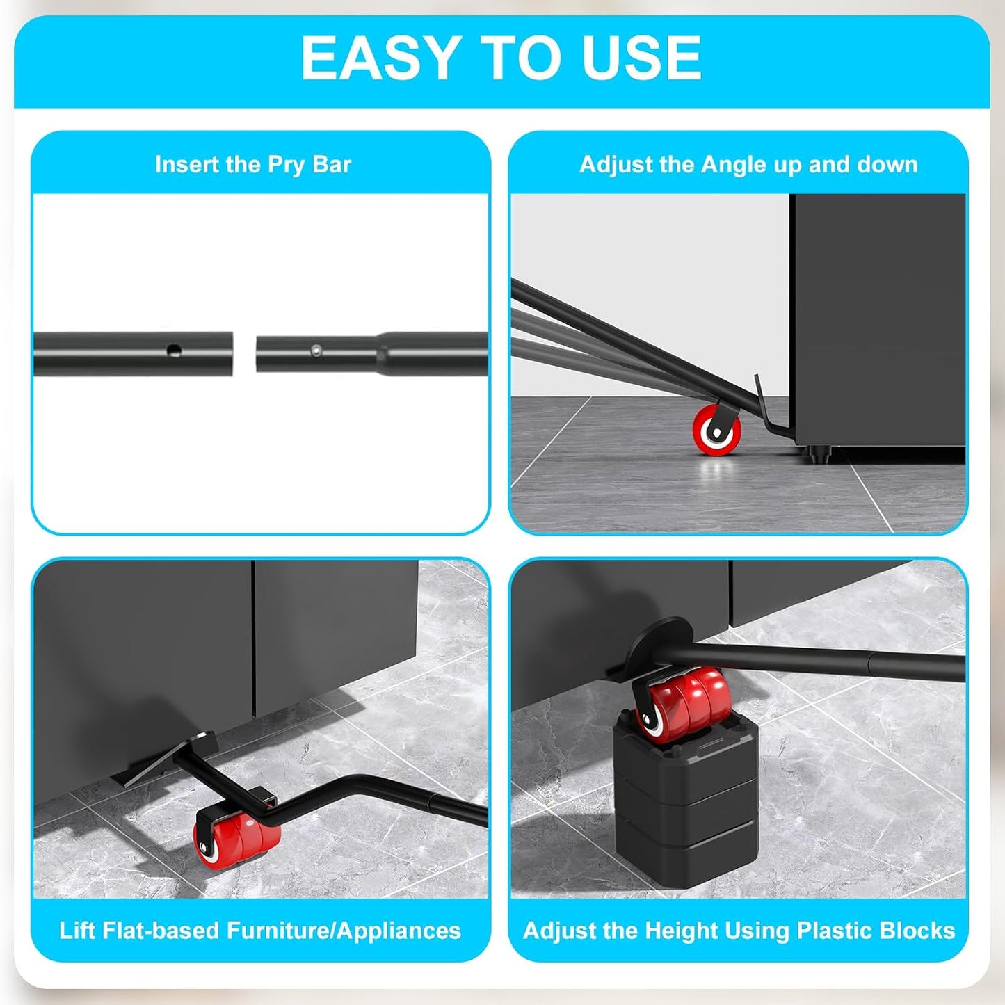LOYAL TIGER Heavy Furniture Lifter Tool Set with 4 Raise Blocks,Red | Heavy Duty Furniture Lifter Tool for Moving Sofas, Refrigerator & Appliances Quickly. 800 Lbs Load Capacity.