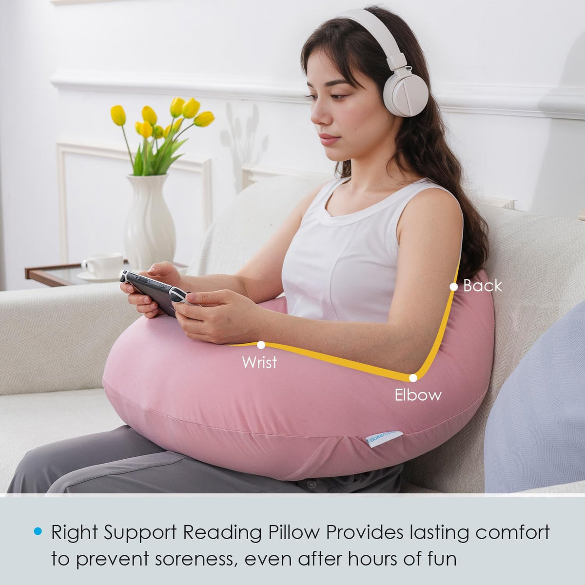 QUEEN ROSE Reading Pillow, Gaming Pillow for Lap, Sitting in Bed or Sofa, Extra Arm Rest for Reading, Playing or Crocheting, Soft Velvet Grey