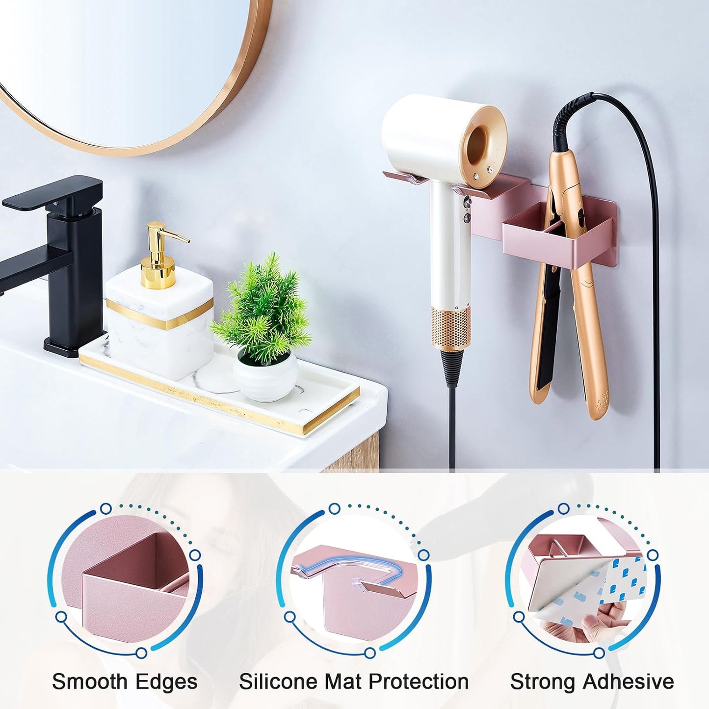 Hair Dryer Holder Wall Mounted, Hair Straightener Holder Metal, Adhesive Blow Dryer and Hair Straightener Holder, Bathroom Bedroom Hair Tool Organizer for Flat Iron,Curling Iron,Hairdryer (White)