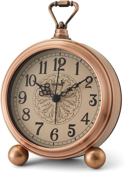 FLOITTUY 4.5" Battery Operated Antique Retro Analog Metal Alarm Clock, Silent Bedside Desk Clock, Wall-Hanging Vintage Clock(Exquisite Bronze)