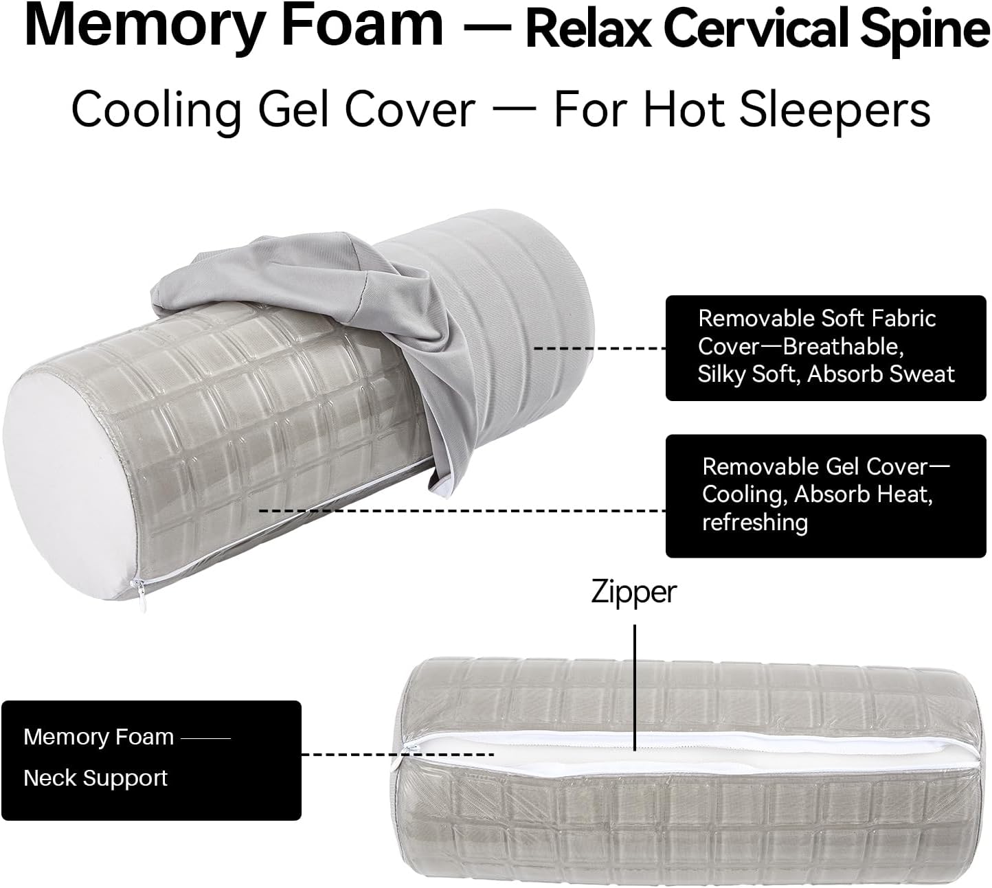Cervical Roll Pillow with Cooling Gel Cover, Cooling Gel Memory Foam for Hot Sleepers, Small Neck Roll Pillow, Neck Round Pillow for Sleeping, Cylinder Bolster Pillow for Bed, Legs and Back