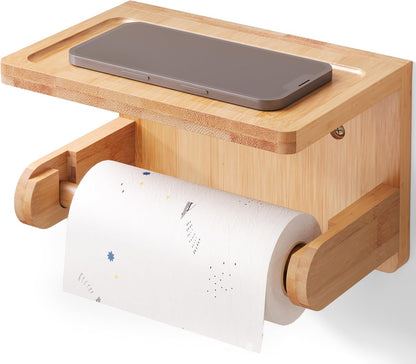 VERTORGAN 1 Pack Bamboo Toilet Paper Holder with Phone Shelf(Brown) | Bathroom Tissue Holder,Wall Mounted Rack,Space-Saving Organizer,Phone Shelf Stand,Easy Installation,Toilet Paper Rack