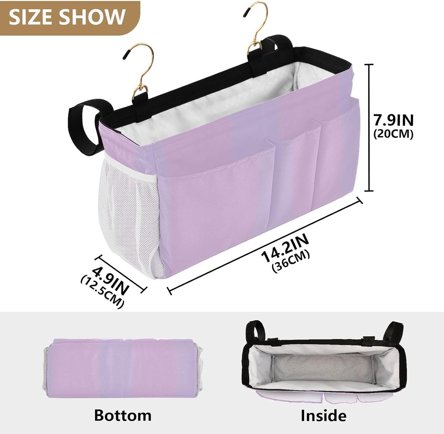YETTASBIN Purple Bedside Caddy Hanging Storage Organizer Bag with 2 Straps & Hooks for Bunk Beds, College Dorm, Hospital Bed - Holder for Books, Phone, Magazine, Glasses, Keys