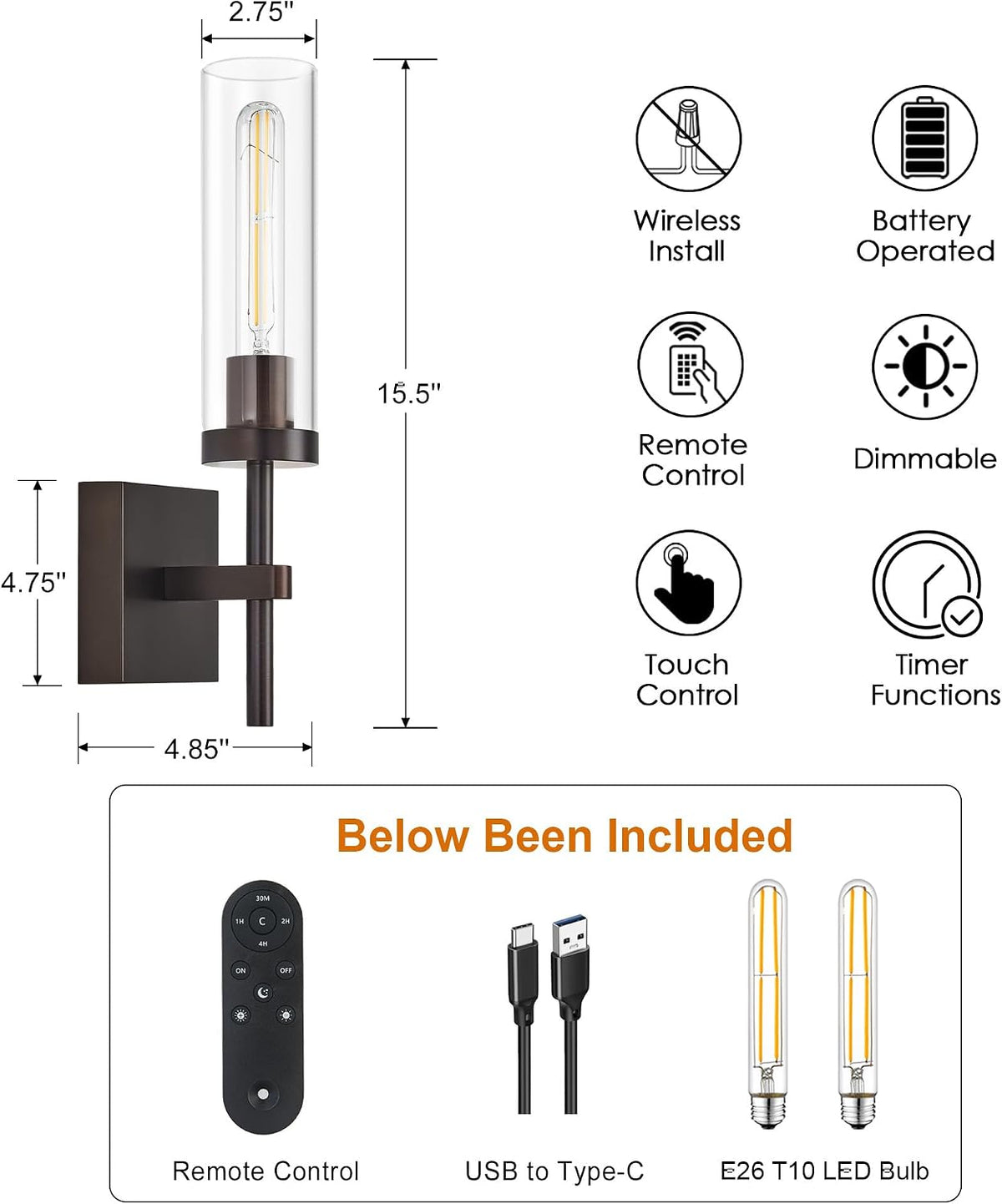 Wireless Wall Sconces with Remote Control, Battery Operated Wall Sconce Set of 2, Black & Gold Rechargeable Dimmable Wall Light for Bedroom Living room Bathroom Hallway Entryway Stairwell, 3000K