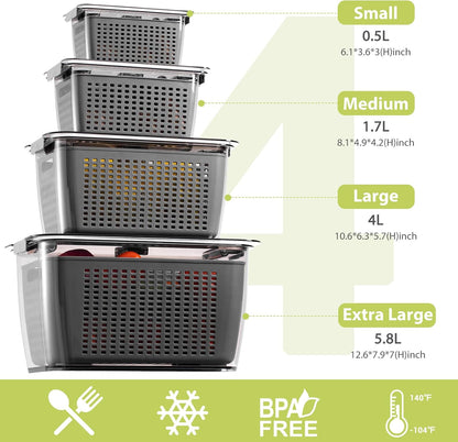 LUXEAR 4 Pack Fruit Vegetable Containers for Fridge, Produce Saver Container with Lids &Removable Colander BPA-free Refrigerator Storage Organizer for Fruit Vegetable, Berry, Meat keep Fresh Longer | BPA Free with Removable Colanders Leak-proof Fridge